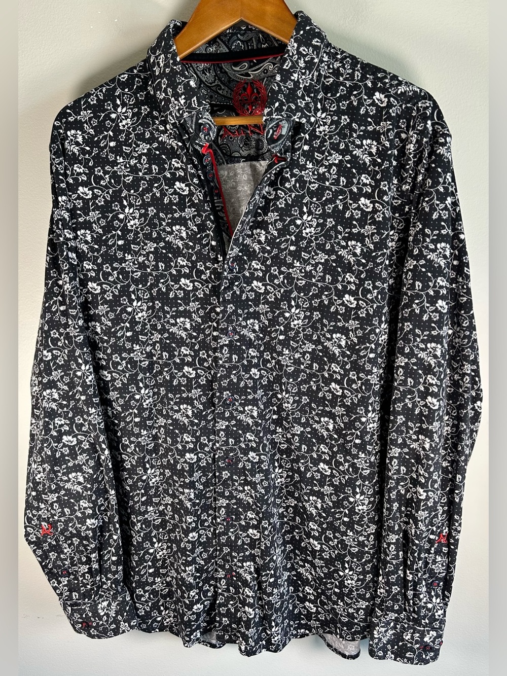 Au Noir Mens Button Down Shirt XXL Mercerized Soft Cotton Stretch Floral Paisley